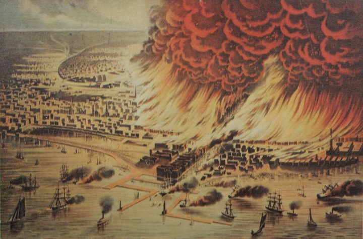 Image représentant le Grand incendie de Chicago (1871), publié par la Chicago Historical Society. Tissot Museum